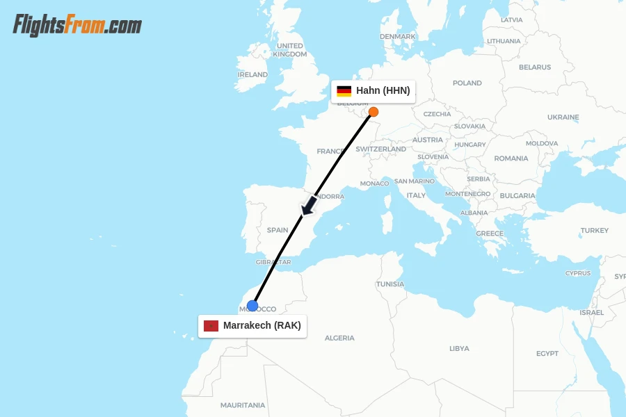 Flights from Hahn to Marrakech route map