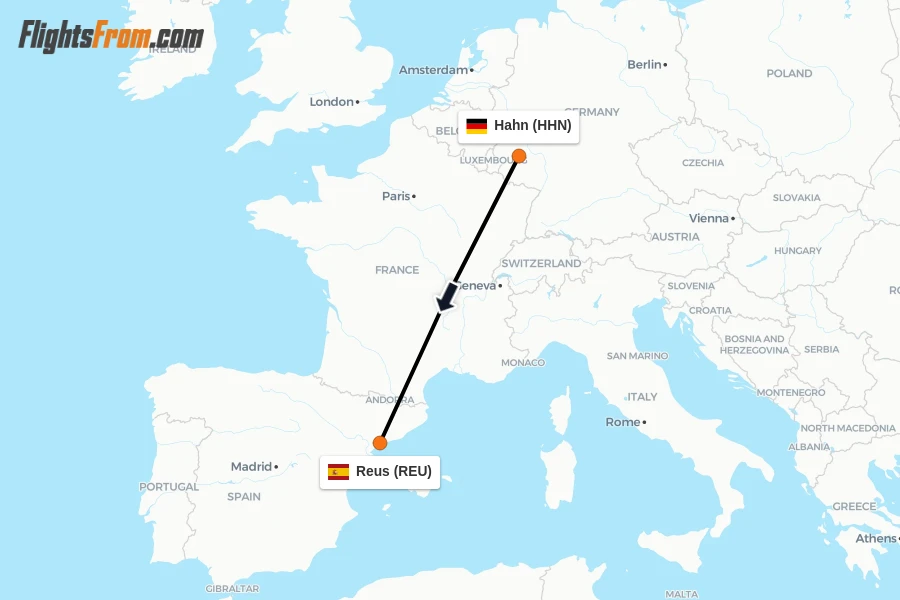 Flights from Hahn to Reus route map