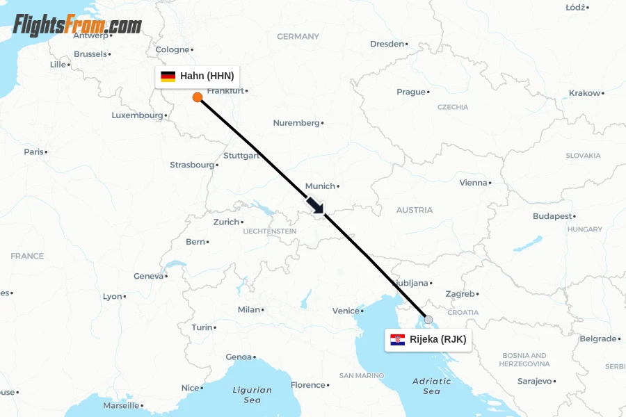 Flights from Hahn to Rijeka route map