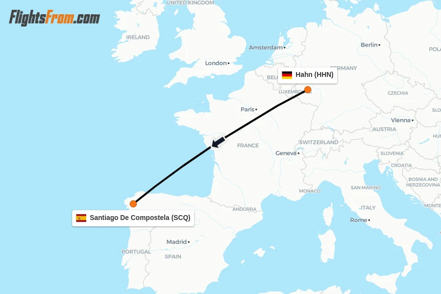 Flights from Hahn to Santiago De Compostela route map