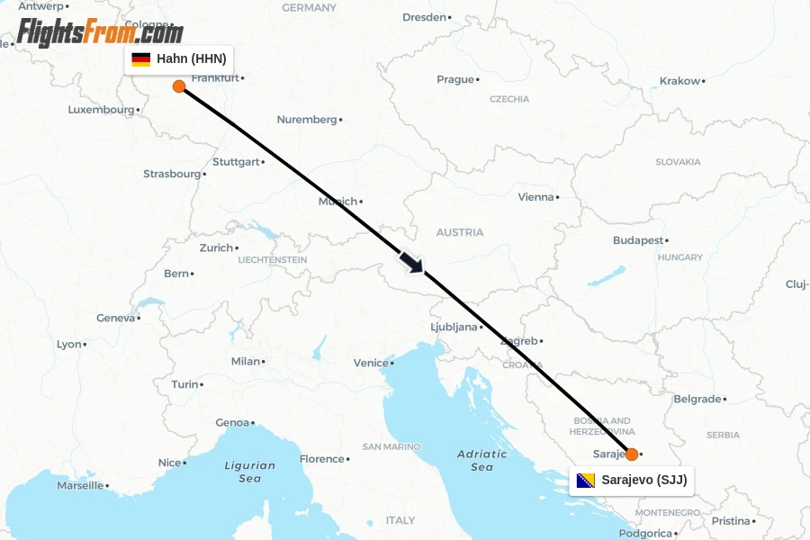 Flights from Hahn to Sarajevo route map
