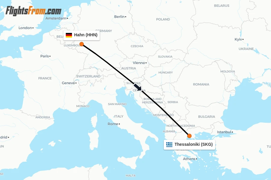 Flights from Hahn to Thessaloniki route map