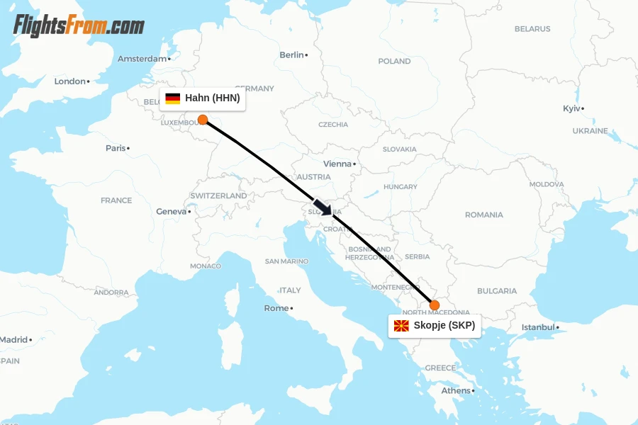 Flights from Hahn to Skopje route map