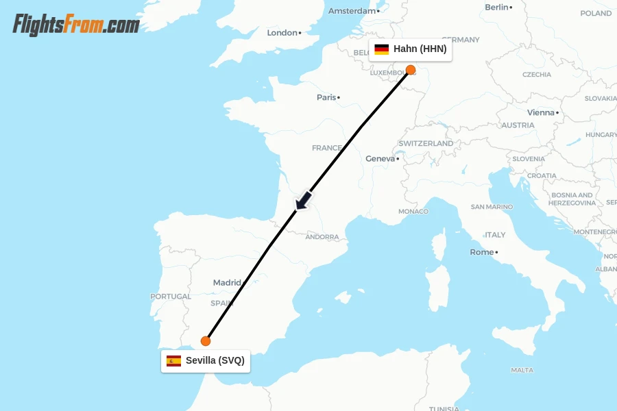Flights from Hahn to Sevilla route map