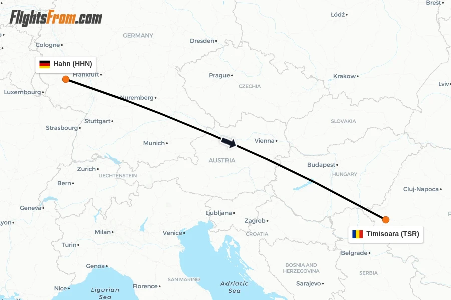 Flights from Hahn to Timisoara route map