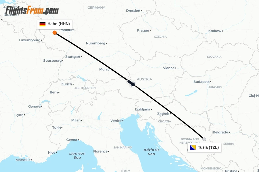 Flights from Hahn to Tuzla route map