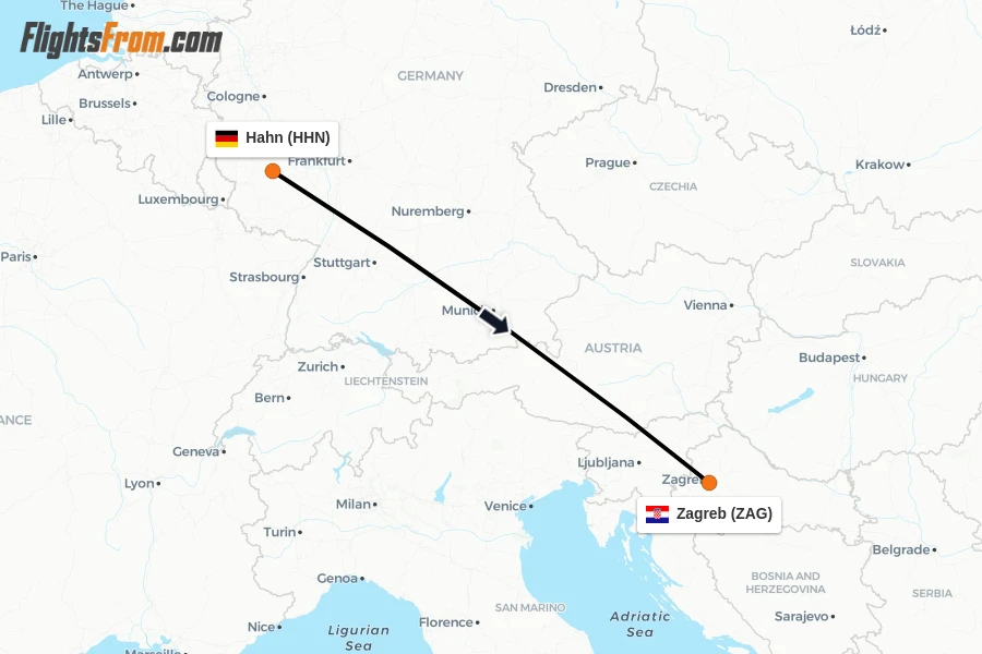 Flights from Hahn to Zagreb route map