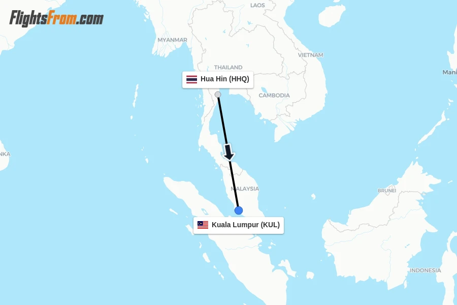 Flights from Hua Hin to Kuala Lumpur route map