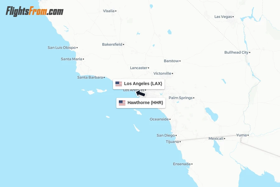 Flights from Hawthorne to Los Angeles route map