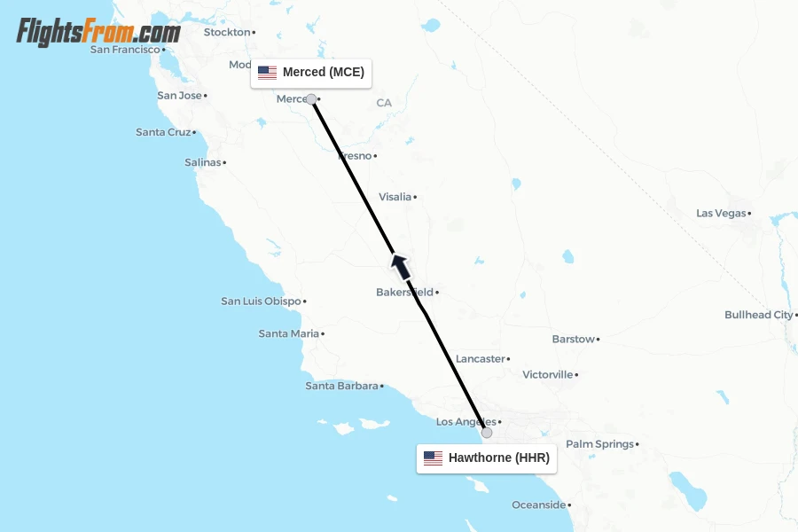 Flights from Hawthorne to Merced route map