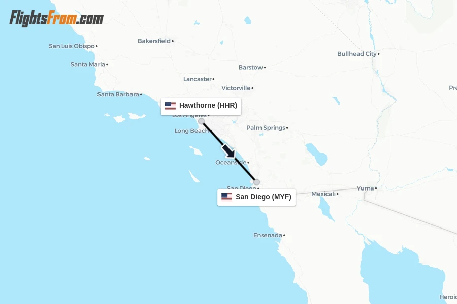 Flights from Hawthorne to San Diego route map
