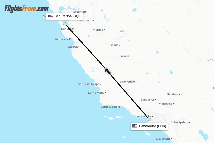 Flights from Hawthorne to San Carlos route map