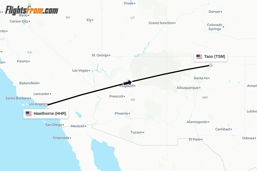Flights from Hawthorne to Taos route map