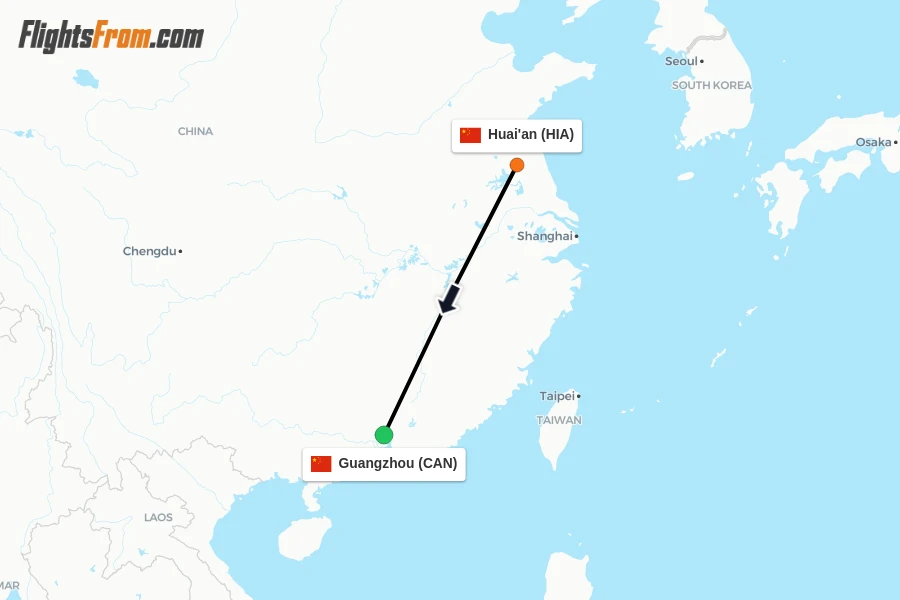 Flights from Huai'an to Guangzhou route map