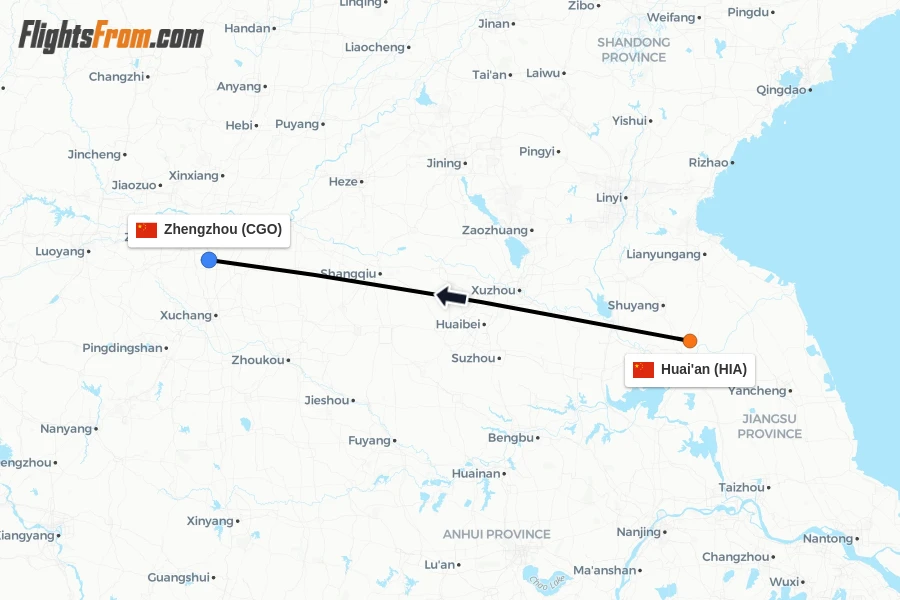 Flights from Huai'an to Zhengzhou route map