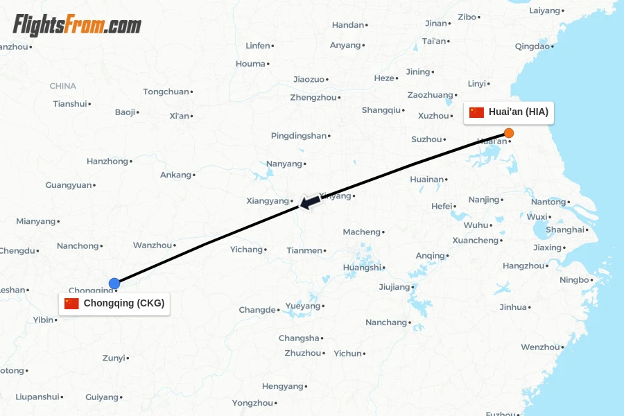 Flights from Huai'an to Chongqing route map