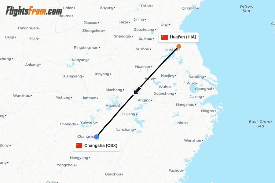 Flights from Huai'an to Changsha route map