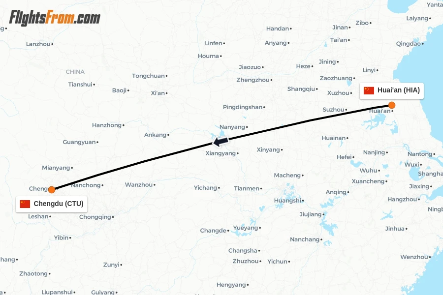 Flights from Huai'an to Chengdu route map