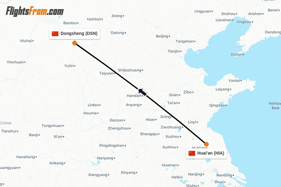 Flights from Huai'an to Dongsheng route map