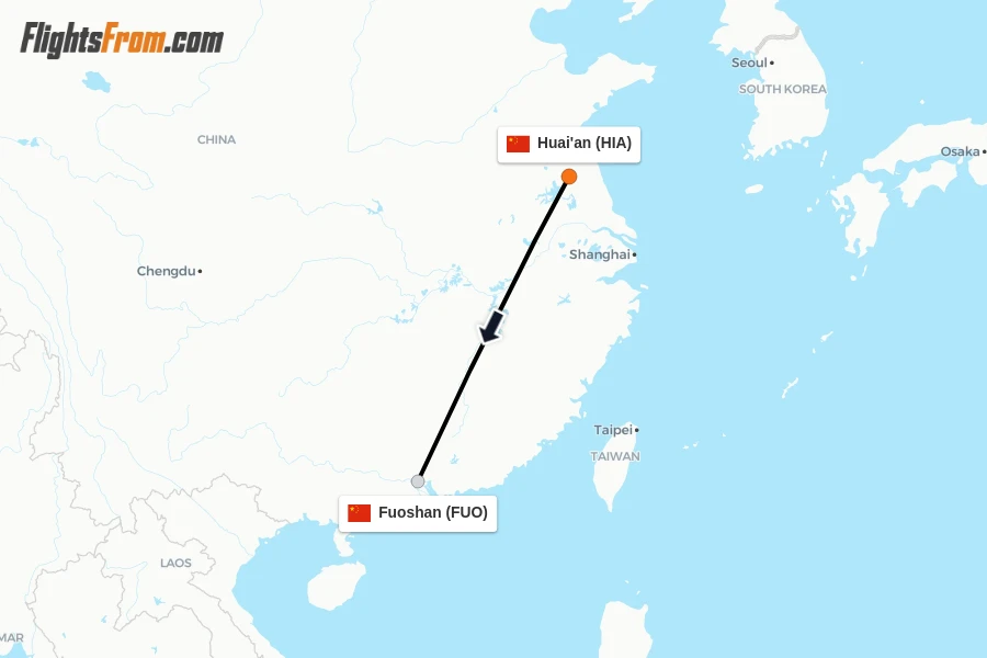 Flights from Huai'an to Fuoshan route map