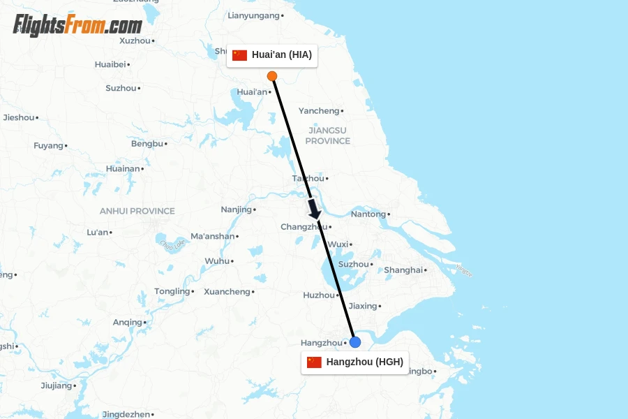 Flights from Huai'an to Hangzhou route map