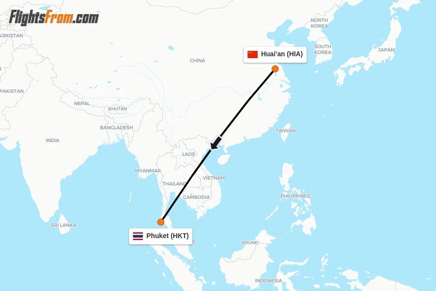 Flights from Huai'an to Phuket route map
