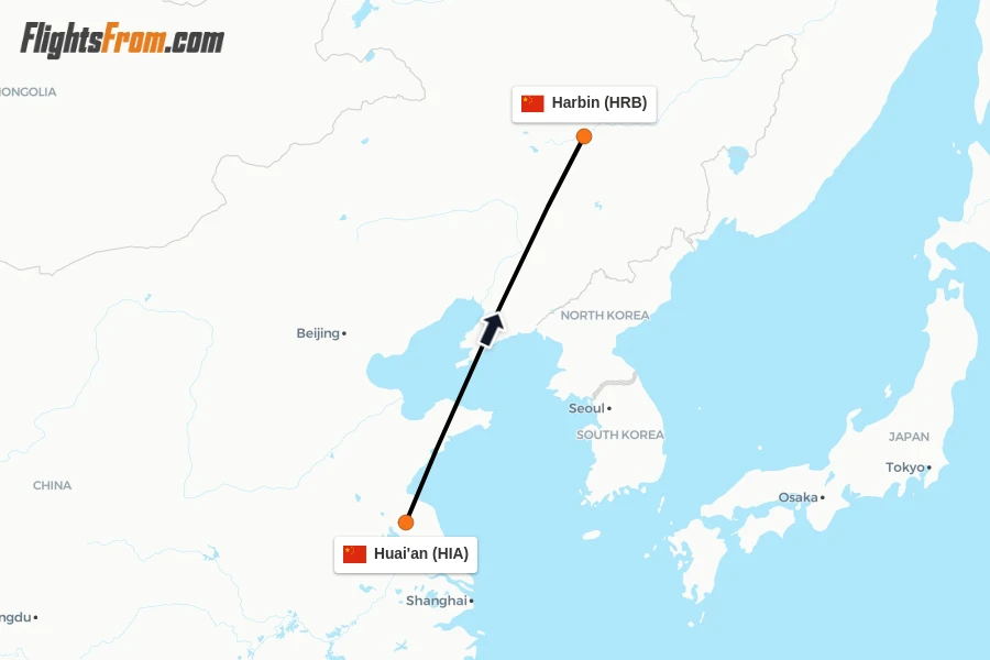 Flights from Huai'an to Harbin route map