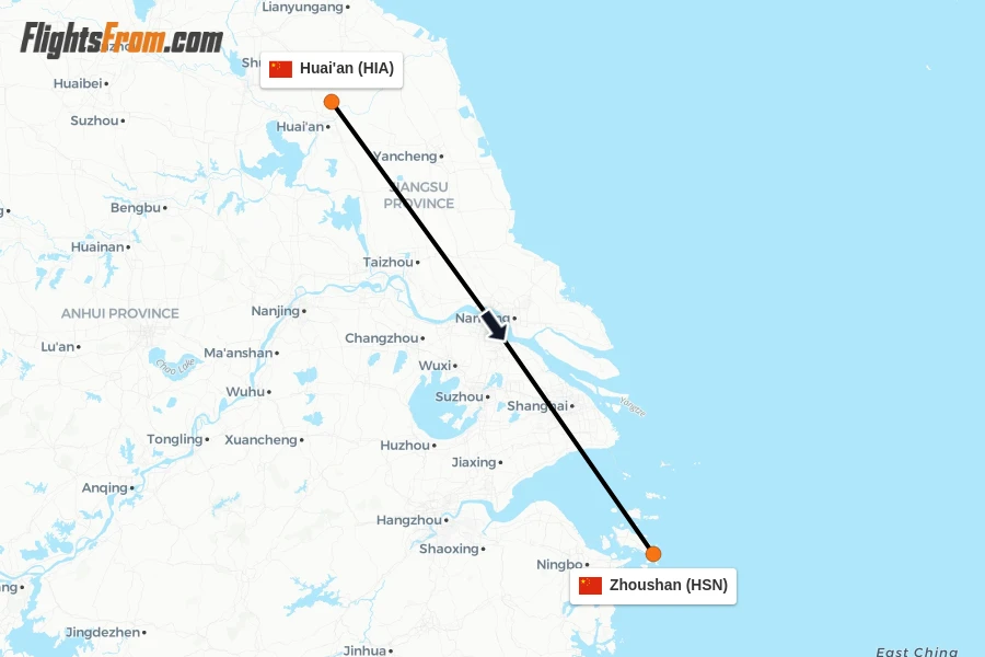 Flights from Huai'an to Zhoushan route map
