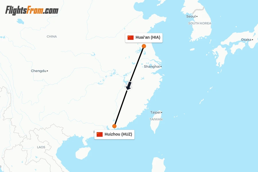 Flights from Huai'an to Huizhou route map