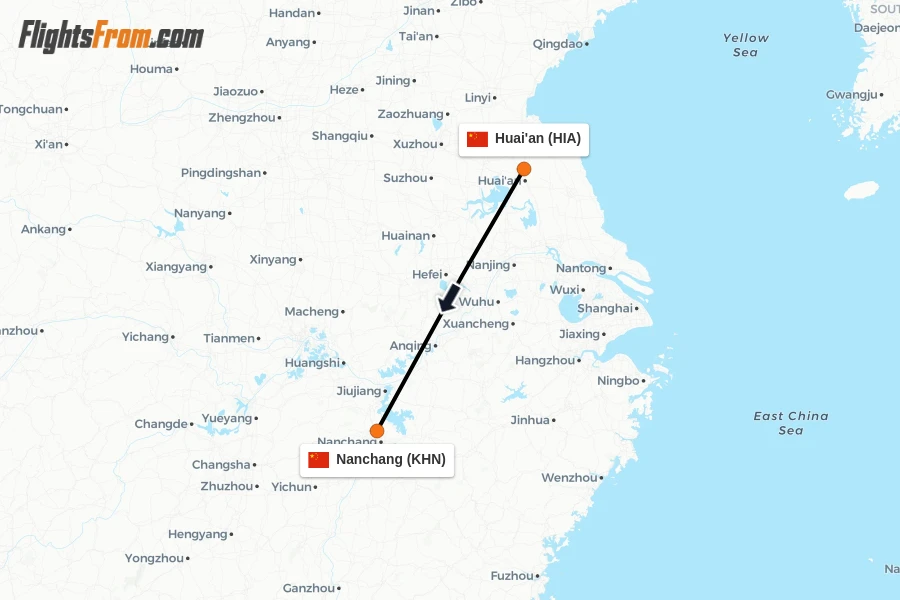 Flights from Huai'an to Nanchang route map