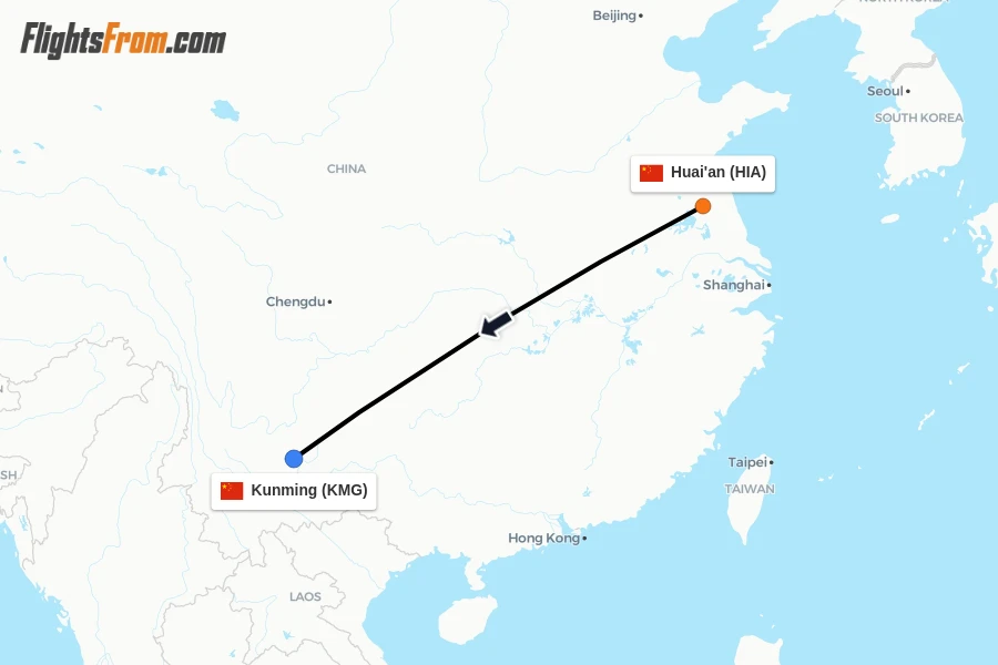 Flights from Huai'an to Kunming route map