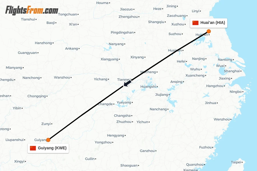 Flights from Huai'an to Guiyang route map