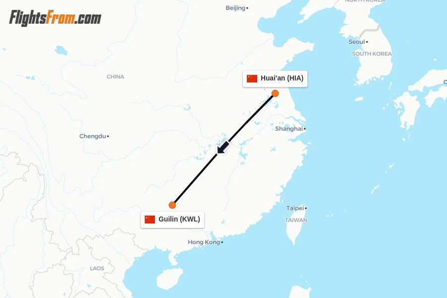 Flights from Huai'an to Guilin route map