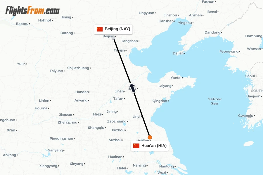 Flights from Huai'an to Beijing route map