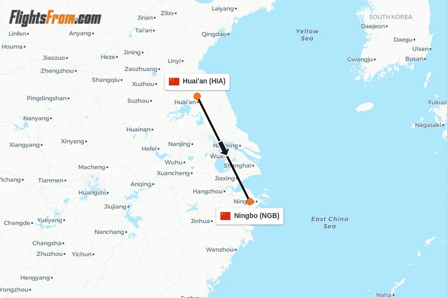 Flights from Huai'an to Ningbo route map