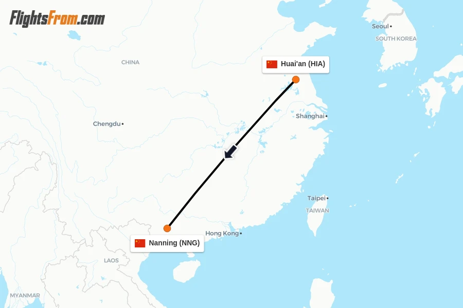 Flights from Huai'an to Nanning route map