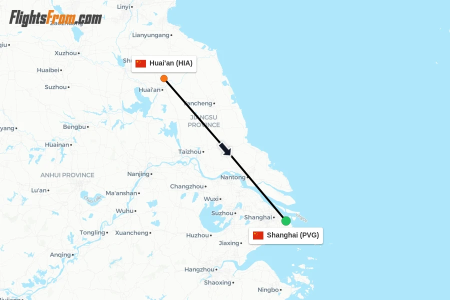 Flights from Huai'an to Shanghai route map