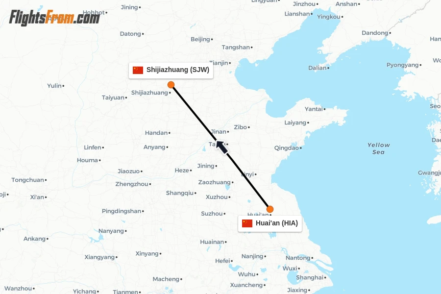 Flights from Huai'an to Shijiazhuang route map