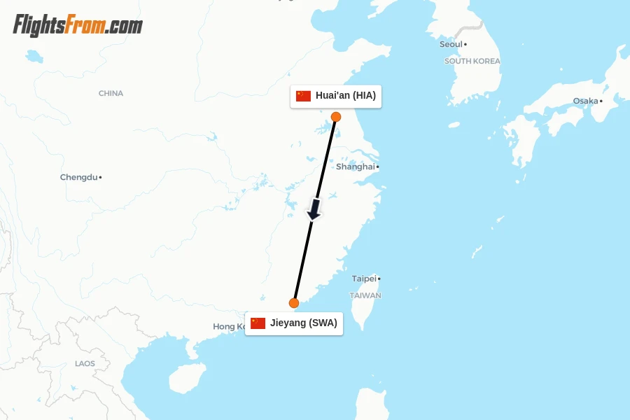 Flights from Huai'an to Jieyang route map