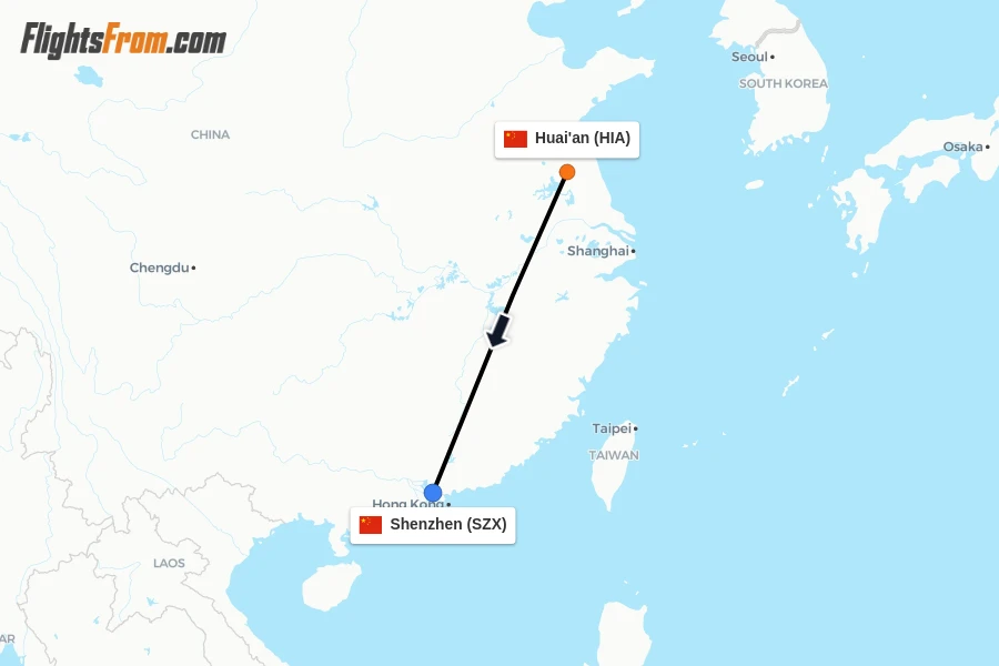Flights from Huai'an to Shenzhen route map