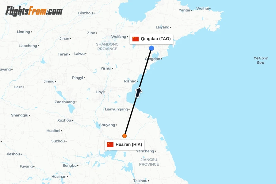 Flights from Huai'an to Qingdao route map