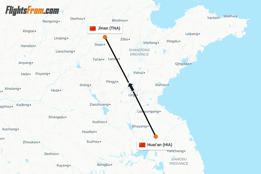 Flights from Huai'an to Jinan route map