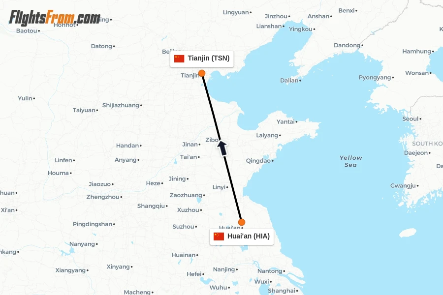Flights from Huai'an to Tianjin route map