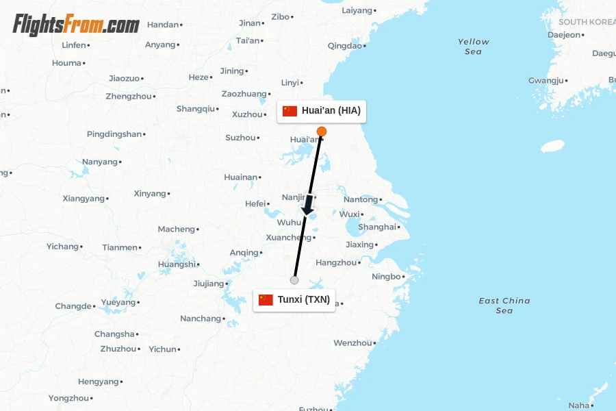 Flights from Huai'an to Tunxi route map