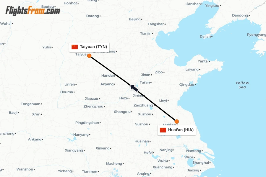 Flights from Huai'an to Taiyuan route map