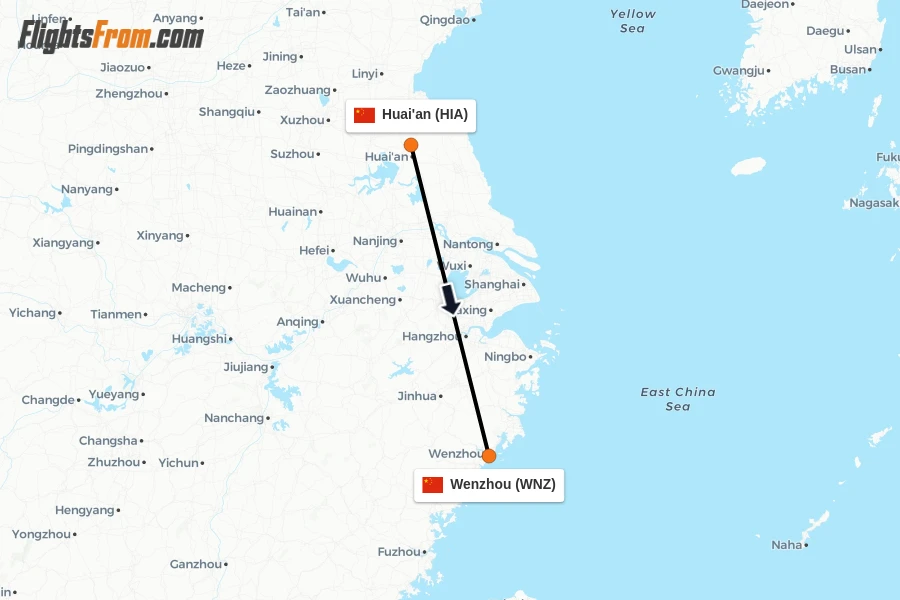 Flights from Huai'an to Wenzhou route map