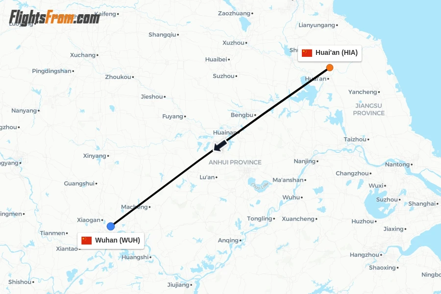 Flights from Huai'an to Wuhan route map
