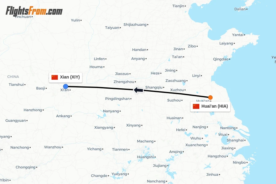 Flights from Huai'an to Xian route map