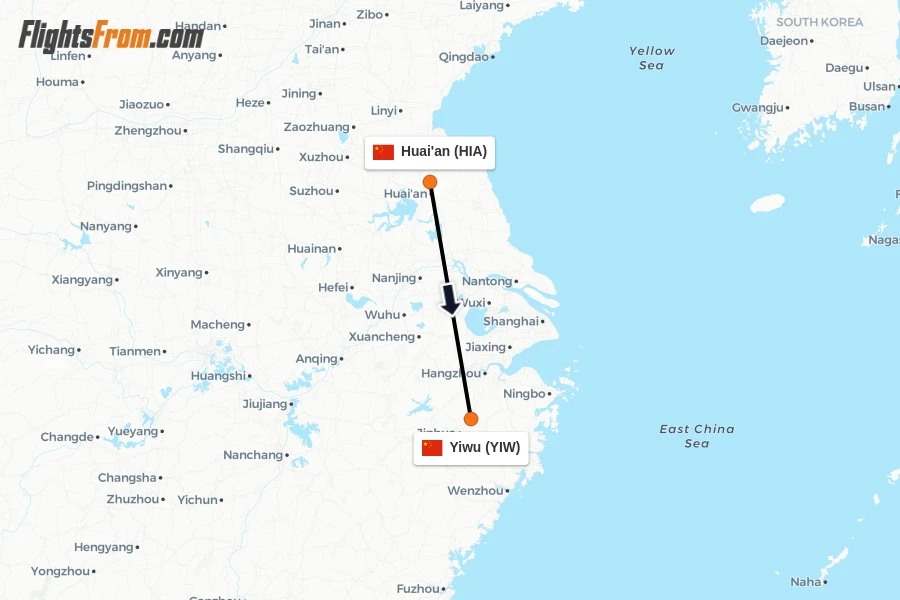 Flights from Huai'an to Yiwu route map