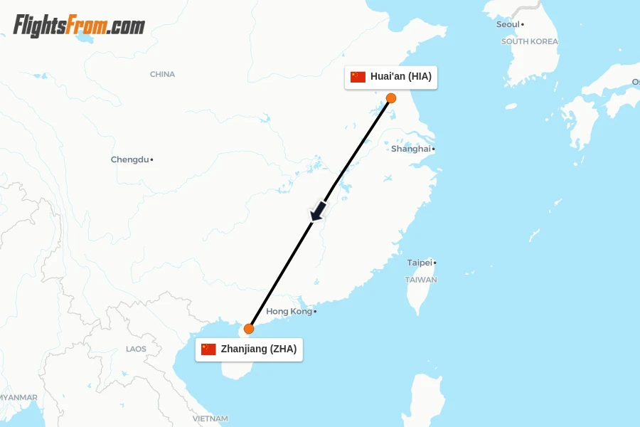 Flights from Huai'an to Zhanjiang route map